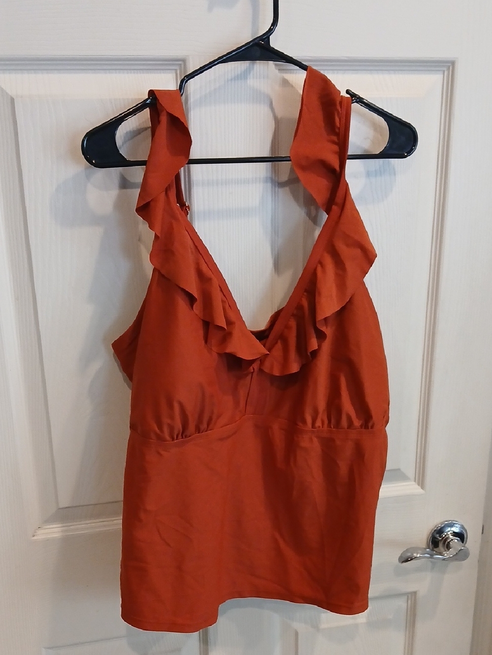Time and Tru Swim Outfit: Rust Red Ruffled V-Neck Tank And Black Swim Shorts
